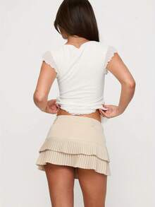 Women Square Neck Peplum Top Y2k Cap Sleeve Layered Ruffle Trim Printed Top Lace Up Slim Fit Solid Color Shirt - White - View 4