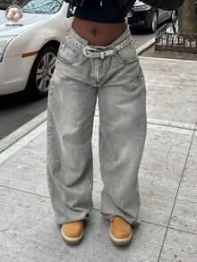 MYOURSA Y2K 高腰宽松阔腿水洗复古牛仔裤，女士休闲街头风，浅灰色