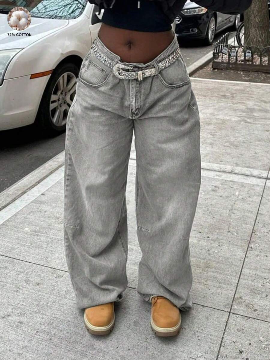 MYOURSA Y2K 高腰宽松阔腿水洗复古牛仔裤，女士休闲街头风，浅灰色