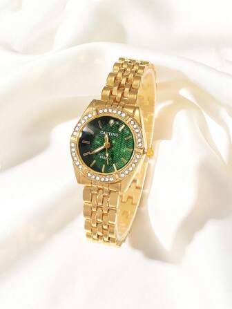  1pc CARYINO Women's Stainless Steel Gold Color Band Watch With Crystal Embellished Classic Business Quartz Watch, Suitable For Daily Wear