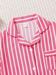 2pcs/Set Cute Casual Red & White Stripe Print Polo Collar Short Sleeve Button-Up Top And Bow Shorts Pajamas Lounge Set For Toddlers/Kids, Spring/Summer - Red and White - View 3