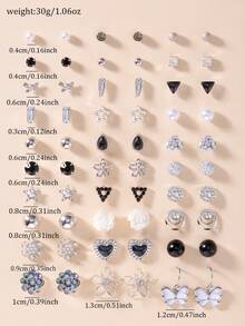 30 对套装时尚可爱简约黑色金属心形和蝴蝶仿珍珠耳环，珠宝礼品套装适合日常佩戴 - 銀色 - 查看 6