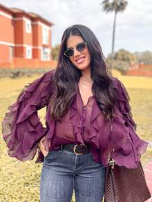 Áo sơ mi nữ tay dài chất liệu chiffon, thiết kế cài nút và xếp ly ở gấu áo, kiểu dáng thanh lịch, màu trơn, dáng rộng thoải mái, thích hợp cho kỳ nghỉ hè, phong cách bohemian, thời trang mùa xuân. - Màu Đỏ Sâu - Xem 6