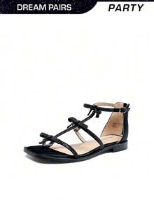 Women's Flat Sandals Rhinestone Bow Knot Gladiator Sandals Ankle Strap Summer Party Shoes - 黑色 - 查看 1