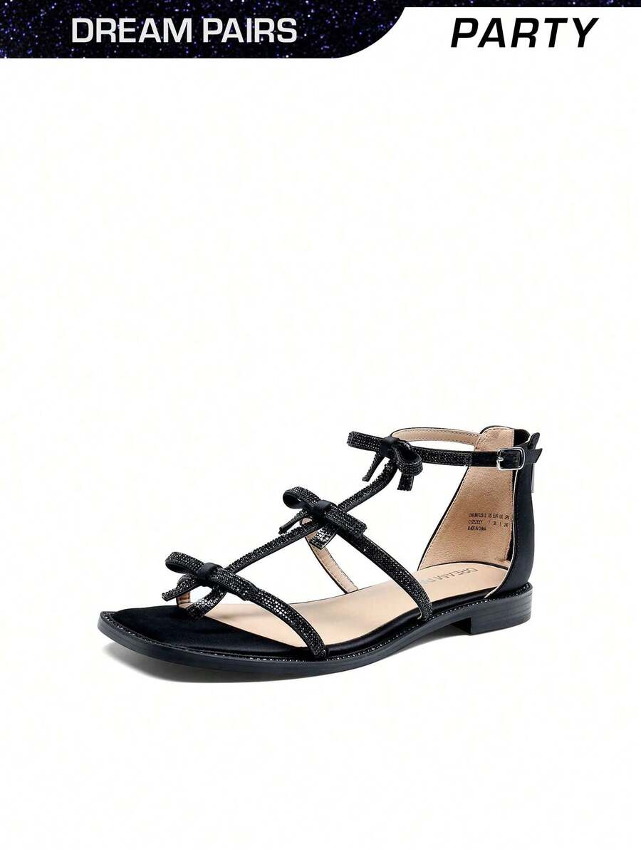 Women's Flat Sandals Rhinestone Bow Knot Gladiator Sandals Ankle Strap Summer Party Shoes - 黑色 - 查看 1