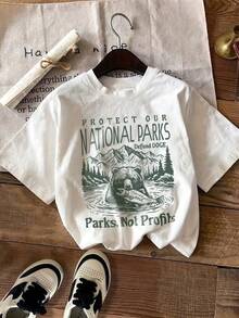 Joshua Tree Mountain Scenery Graphic Round Neck Short Sleeve T-Shirt For Women, Comfortable For Everyday Wear, - White - View 3