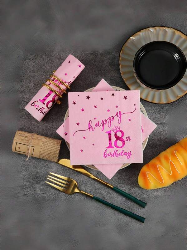 مناديل ورقية وردية فاخرة مطبوعة برقائق معدنية عيد ميلاد سعيد، للاستخدام مرة واحدة في حفلات عيد الميلاد والذكرى السنوية'