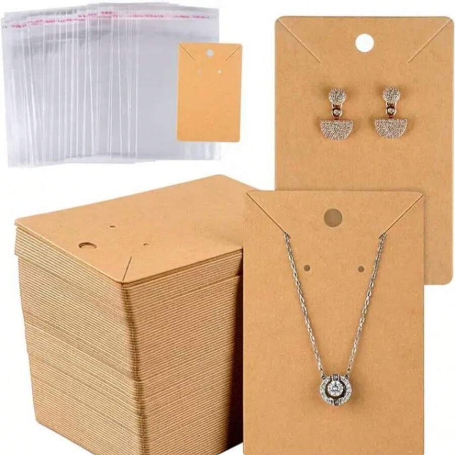 50 pezzi Cartellini per orecchini con custodie in plastica, Cartellini espositivi per collane, Bigliettini in carta kraft, adatti per gioielli fai-da-te