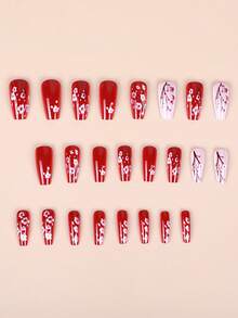 24 片装心形条纹玫瑰美甲贴纸，情人节主题按压式指甲贴美甲用品 - 紅色 - 查看 3