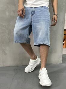 HEHCN Men's Front Button Pocket Casual Denim Shorts, Vintage Washed Blue Retro American Streetwear Bermuda Jeans, Suitable Gift For Boyfriend, Husband