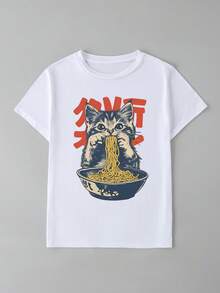 宽松舒适休闲日常女士短袖，复古猫拉面T恤，可爱小猫T恤，复古海报图案衬衫，男女通用厚棉上衣，搞笑动物礼物，美食爱好者服装，搞笑图案，适合日常休闲，聚会玩乐，旅行，开学季穿着，适合送礼