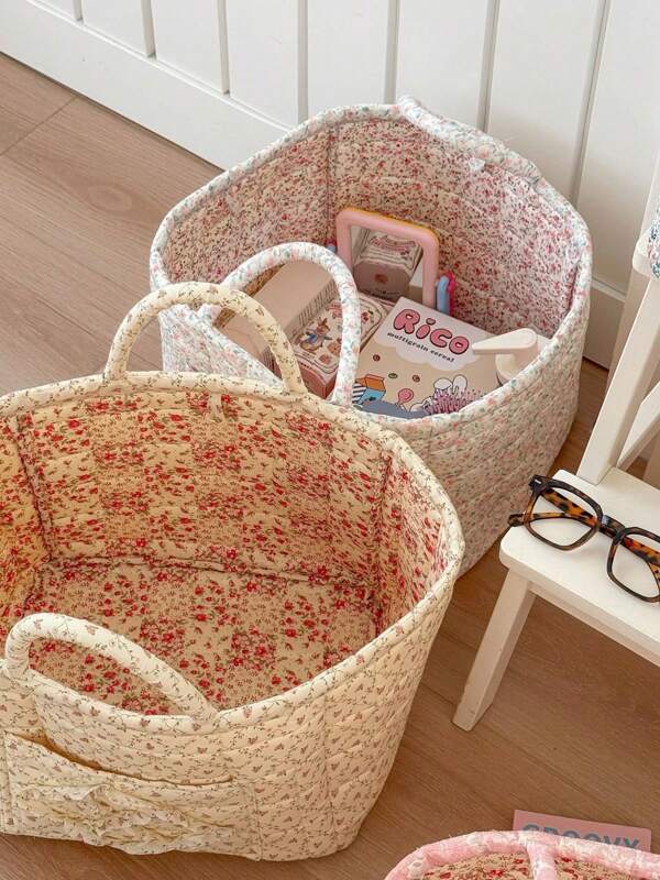 1Pc Floral Print Quilted Storage Basket Laundry Basket Large Capacity Portable Storage Bag Foldable Snack Basket With Handle For Women And Girls Cosmetic Storage Basket Toy Storage Basket Skincare Storage Basket Women Makeup Storage Multifunctional Storage Basket Cosmetic Organizer Home Decor Livingroom Bedroom Decor Bathroom Decor
