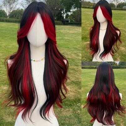 Peluca larga y ondulada de 28 pulgadas en negro y rojo, cabello sintético de apariencia natural, adecuada para uso diario, fiestas, cosplay, Navidad