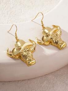 1 Pair Western Cowboy Gothic Punk Vintage Unique Bull Head Metal Stud Earrings, Versatile For Daily Commute, Office, Casual Gatherings, Parties, Matching Outfits, And Sisterly Meetups - Hat Bull Head - View 3