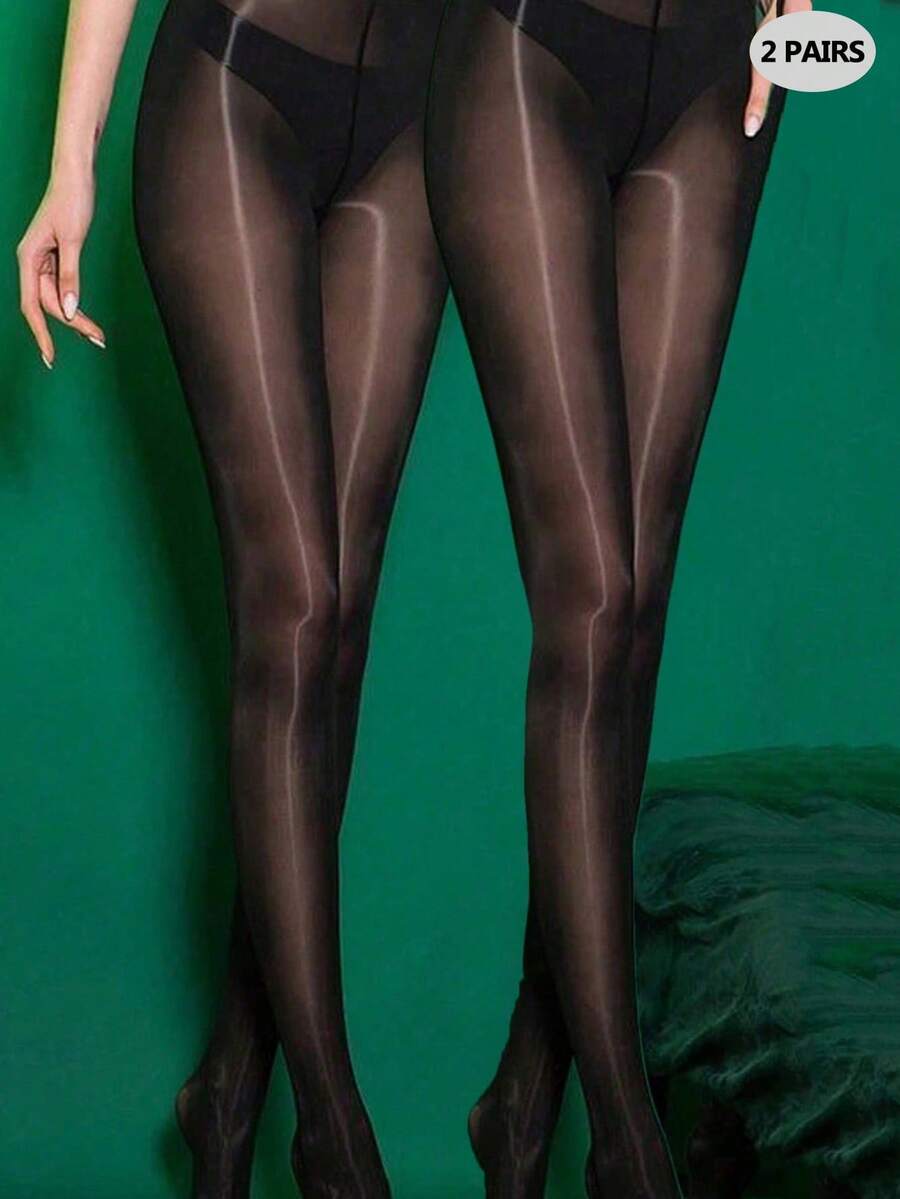 2pcs Black Horse Oil Tights, Shiny Sexy Tight-Fitting, Snag-Proof, Minimalist Design For Spring & Summer Everyday Wear, Cozy - Black - View 1