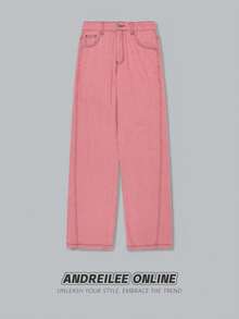 BLACKTOEXIT Spring/Autumn Men's & Women's High Street Sweet Cool Pink Loose Fit Versatile Denim Straight Leg Pants Fashionable Long Pants - Pink - View 6