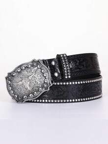 Western Cowboy Vintage Men's Belt, New Fashion Punk Rhinestone Studded Belt Fall, Autumn, Halloween Autumn-Winter Accessories,Suitable For Teens, Youth,Men,Casual, Outdoor, Athletic, Vacation, Graduation Gifts, Birthday, Daily Wear - Black - View 6