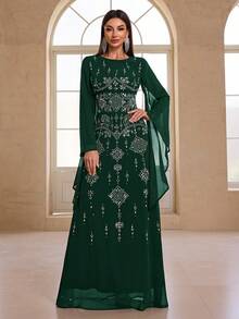 YISIKADO 水钻雪纺女士优雅连衣裙圆领印花不对称长袖舞会派对女士礼服正式和晚礼服 - 墨綠色 - 查看 2