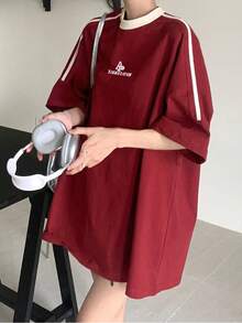 Women's Casual Letter Print Colorblock Round Neck Raglan Sleeve Loose T-Shirt, Summer Red - Red - View 4
