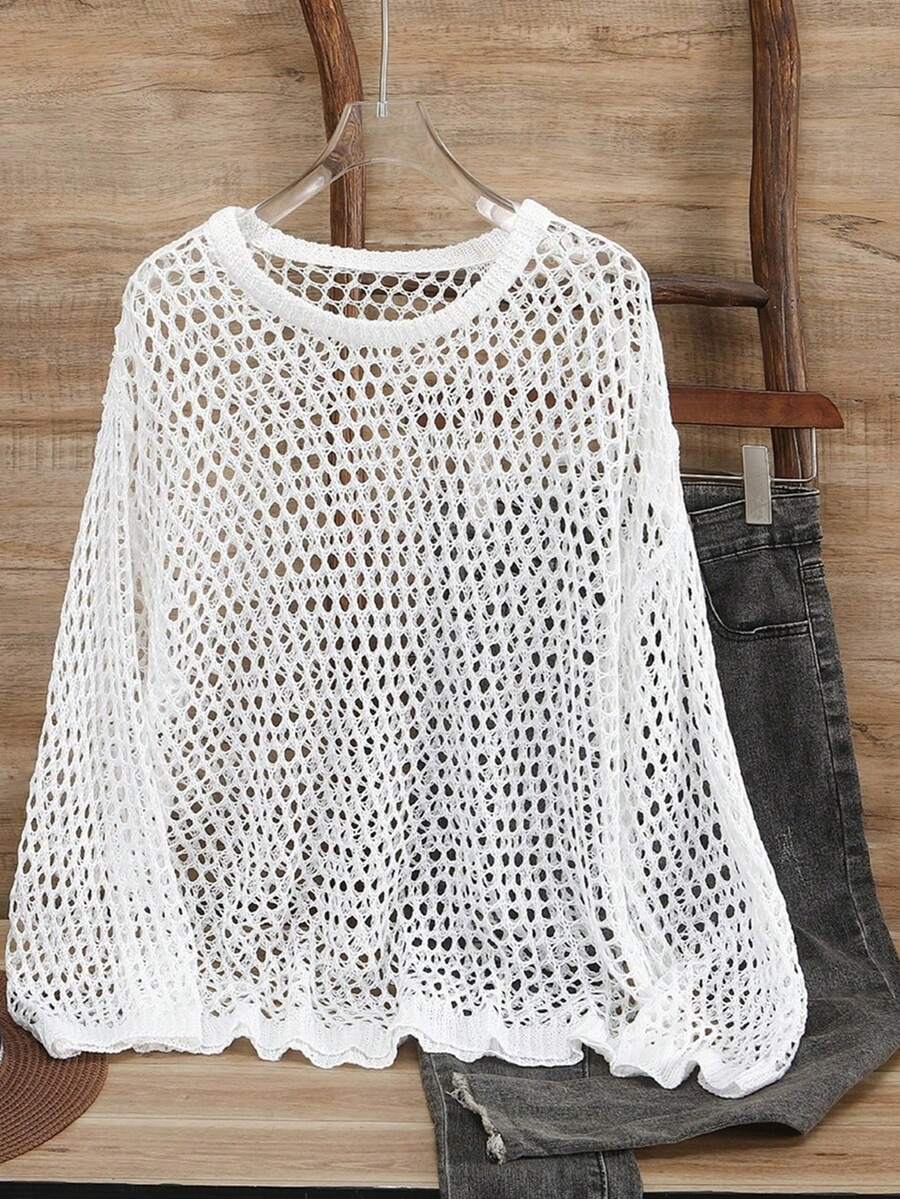 Lightweight Knit Cardigan Sweater, Women's Round Neck Long Sleeve Casual Fashion Crochet Pullover Loose Knit Jumper, Summer
