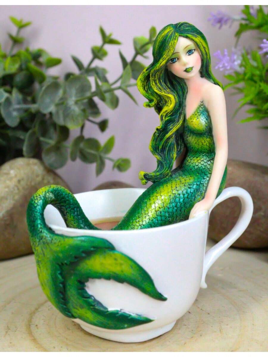 Atlantis Princess Emerald Green Mermaid Statue With Teacup By Amy Brown, Fantasy Figurine With Oceanic Details, Enchanting Fairy Tale Decor For Shelf Or Desk, Collectible Mermaid Sculpture For Mythical Art Lovers, Coastal Nautical Home Decoration, Sea-Inspired Gift For Mermaid Enthusiasts, Unique Fantasy Art Accent For Bathroom, Bedroom, Or Display Cabinet - 1 - 查看 1