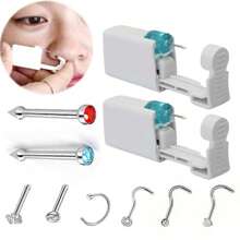 2 pezzi Kit di perforazione nasale monouso con piercing nasali incorporati - Kit di autoperforazione nasale con 6 pezzi di anelli per piercing al naso