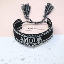 1 pieza Pulsera de estilo vintage hecha a mano con bordado francés "AMOUR", adecuada para parejas, regalo festivo, cuerda de bendición