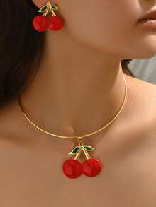 1 Set 3pcs Exaggerated Red Cherry Openable Necklace And Earrings Set, Unique Minimalist Fashion Fruit Cherry Pendant Necklace Earrings Set, Suitable For Women Daily, Vacation, Party Wear - Gold - View 1