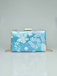 Random Pattern Women's Floral Pattern Evening Clutch Bag, Fashion Retro Sequin Embroidery Floral Evening Bag With Gold Metal Chain, Elegant Handmade Party Purses And Bags Women, Mini Box Bag For Ladies,Shoulder Blue Bags Purse For Party Girls, Bride, College Students, Rookies & White-Collar Workers For Party, Prom, Wedding, Unique Pattern, Prom Accessories, Bridesmaid Gifts, Enthusiastic, Elegant, Fresh And Simple - Blue - View 2