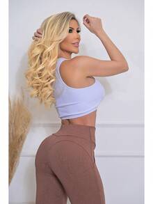 Calça Feminina Flare Cintura Alta Boca Sino com Lycra  Efeito Empina Bumbum Premium Luxo - Bege-Escuro - Visão 6
