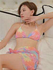 3 Pieces Batik Print Bikini Set With Shawl - Color - View 8