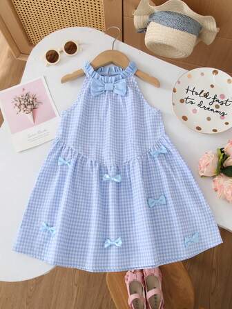 女童休闲蓝色格子 V 领公主裙，带蝴蝶结装饰，校园风格，夏季