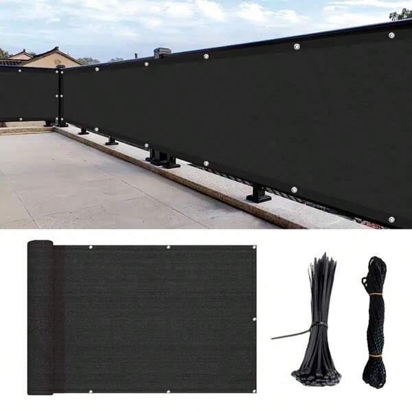 Black UV Protection Balcony Privacy Screen Fence Cover With Adjustable Tie Rope - Woven Fabric For Outdoor Porch, Patio, Backyard - Fences For Outside