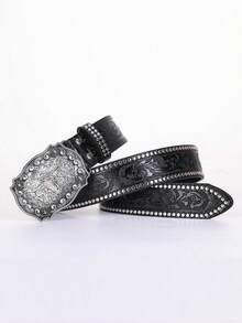西部牛仔复古男士腰带，新款时尚朋克水钻镶嵌腰带，秋季、万圣节秋冬配饰，适合青少年、青年、男士，休闲、户外、运动、度假、毕业礼物、生日礼物、日常穿着 - 黑色 - 查看 2