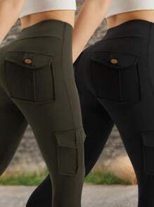 2pcs Women's Outdoor Sport Pants, Multi-Color Elastic High Waist Yoga Leggings With Pockets, Suitable For Cycling, Running, Tennis, Golf, Spring & Summer