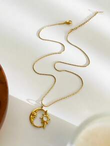 Monlansher 原创新款女士项链，不锈钢蛇骨链配圆形月亮和星星吊坠，手工制作，带宝石装饰，时尚简约，百搭日常佩戴