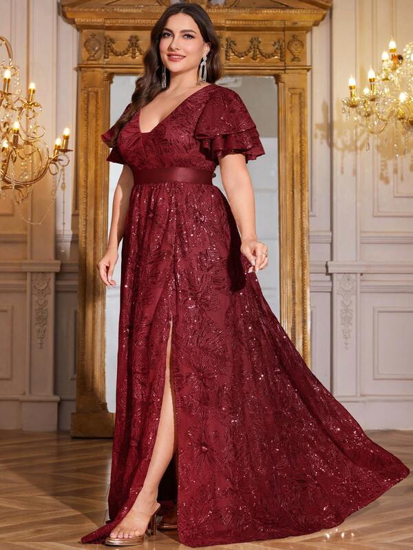 hezixi Vestido longo plus size feminino de alta qualidade com lantejoulas, bordado, cinto, decote em V, linha A, elegante vestido formal para festa à noite (muito enfeitado) - primavera/verão