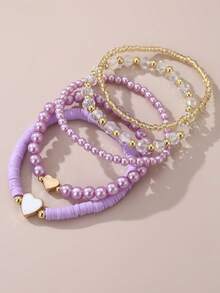 5pcs Girls Cute Creative Fashion Delicate Pearl Butterfly Shell Beaded Bracelet Set - Purple - View 4