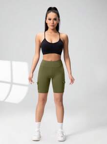 Pantaloncini cargo a vita alta da donna, controllo pancia, lunghezza interno gamba 12,7 cm, pantaloncini atletici da allenamento