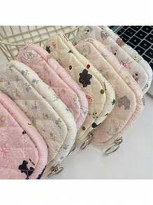 1pc Kawaii Quilted Flower Print Coin Purse With Bunny/Bowknot/Little Bear Pattern,Multifunctional Card Holder, Ins Style Korean Coin Purse Digital Bag Storage Bag.Portable And Stylish-Makeup Bag Portable Travel Toiletry Bag