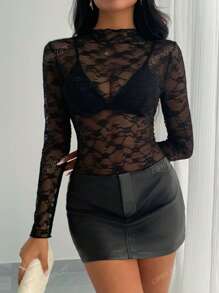 1 peça de camiseta de renda de manga comprida, cor sólida, sexy, transparente, slim fit, início da primavera