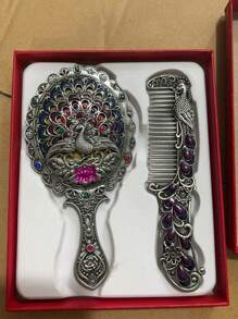 Exquisite Small Relief Antique Peacock Open Screen Handheld Mirror & Portable Creative Sense Comb, Gift Box With Greeting Gifts And Birthday Gifts,The Color Of The Gemstones Inlaid In The Product Is Random,Women Valentine Gift Birthday Boyfriend Girlfriend