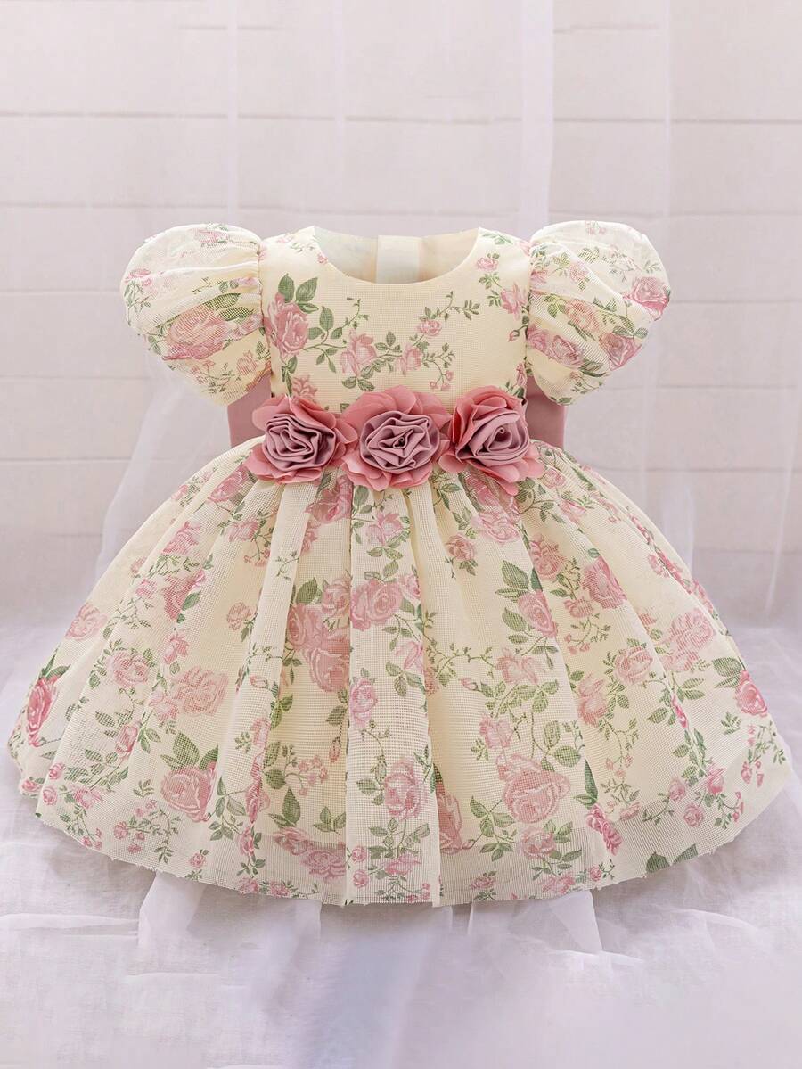 1pc Baby Girls Round Neck 3D Floral Print Mesh Princess Dress, Suitable For Party, Flower Girl, Wedding, Fabric & Floral Pattern Randomly Cut, Headband Not Included - Multicolor - View 1