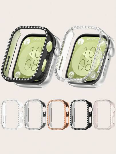 1pc Solid Color Fashionable Single Row Rhinestone Protective Case Compatible With Huawei Watch Fit 3, Casual Style Scratch Resistant Smart Watch Cover