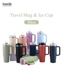 1 pieza, Vaso de 30 onzas con asa, Vaso al vacío reutilizable, Vaso aislado con tapa y pajitas, Tapa hermética, Vaso aislado, Mantiene frío, calor y hielo durante horas, de vuelta al colegio