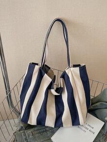 Retro Chic Striped Canvas Tote Bag, Korean Fashion, Casual Spacious Shoulder Bag For Women, Suitable For Travel And Vacation, School Supplies, School Bag, School Handbag, School Tote Bag, School Bookbag, Back To School Bags, Large Capacity, Lightweight, Portable, Foldable, Classic Casual, Suitable For Teen Girls Women College Students, Perfect For Back To School, First Day Of School, Shopping, Holiday, Beach, Tote Bags For School,College Essentials ,Vacation Essentials , Beach Bag - Blue - View 6