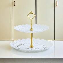 2-Tier Plastic Serving Stand With Golden Handle Elegant Carved Design Party Dessert Fruit Tray For Snacks & Afternoon Tea - White - View 5