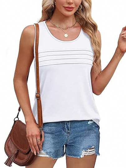 Women Basic Tunic Tank Tops Solid Color Round Neck Casual Vests Summer Sleeveless Loose Tops Streetwear