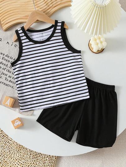 2pcs Boys Summer Sleeveless Striped Printed Vest And Shorts Outfit, Thin Casual Undergarment/Sportswear For Outdoor, Suitable For Boys 4-12 Years