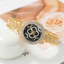 5 件女士时尚罗马混合表盘水钻英国手表配珠宝配饰水钻玫瑰项链耳环戒指套装（无盒） - 金色 - 查看 3